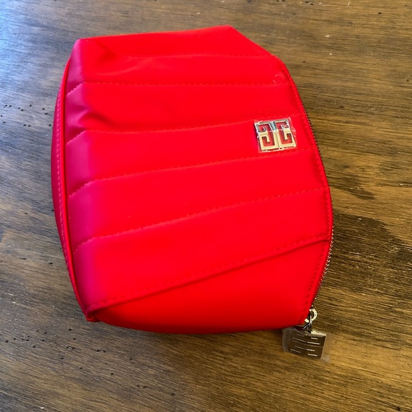 New GIVENCHY Women's Cosmetic Bag Red Silver Zippered Red Satin - Picture 5 of 14